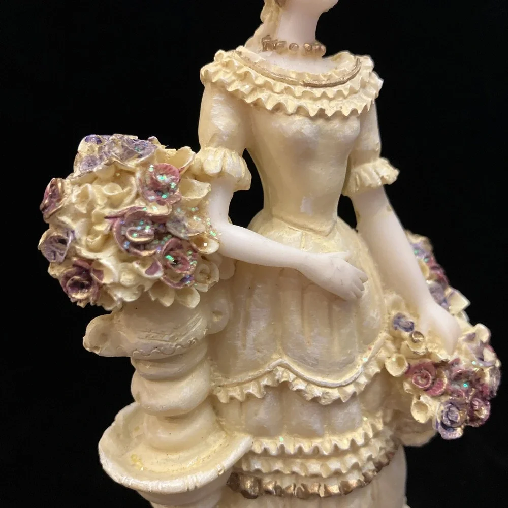 Vintage Victorian Woman w/ Basket of Shimmery Flowers Colonial Lady Figurine